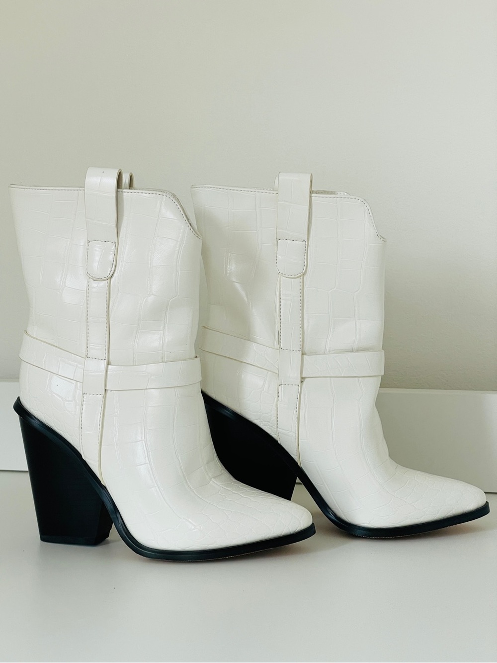 Croc-Embossed Western Ankle Boots with Block Heel, white